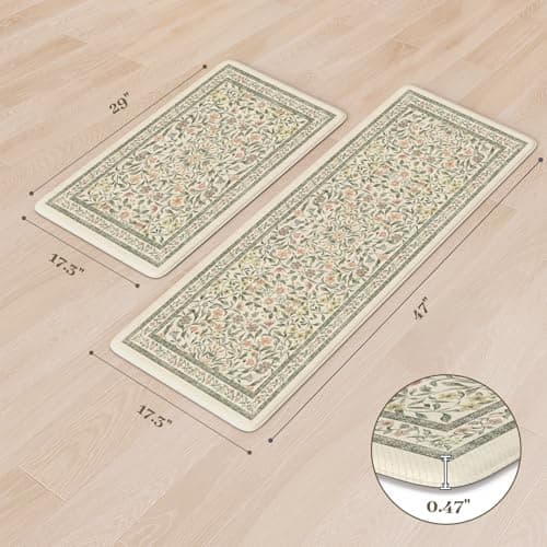 KIMODE Anti Fatigue Kitchen Mats for Floor, Boho Floral Kitchen Rugs Sets of 2, Cushioned Kitchen Floor Mats Non Slip, Comfort Spring Rugs for Kitchen Floor Sink Laundry Desk Beige 17.3"x29"+17.3"x47"