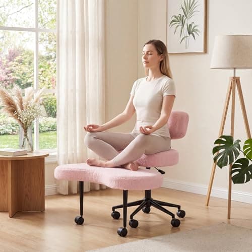 HAPPYMONT Ergonomic Cross Legged Office Chair with Adjustable Backrest and Seat, 360° Swivel Meditation Teddy Fabric Yoga Stool Desk Chair for ADHD with Footrest, 350lbs Capacity, Pink