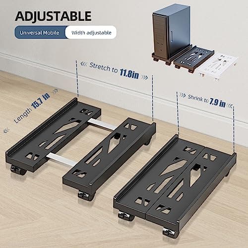 Hovadova Adjustable Mobile CPU Stand, Ventilated Computer Tower Stand with 4 Caster Wheels Fits Most PC Tower, Under Desk CPU Holder PC Floor Cart Computer Riser for Students and Gamers (Black)